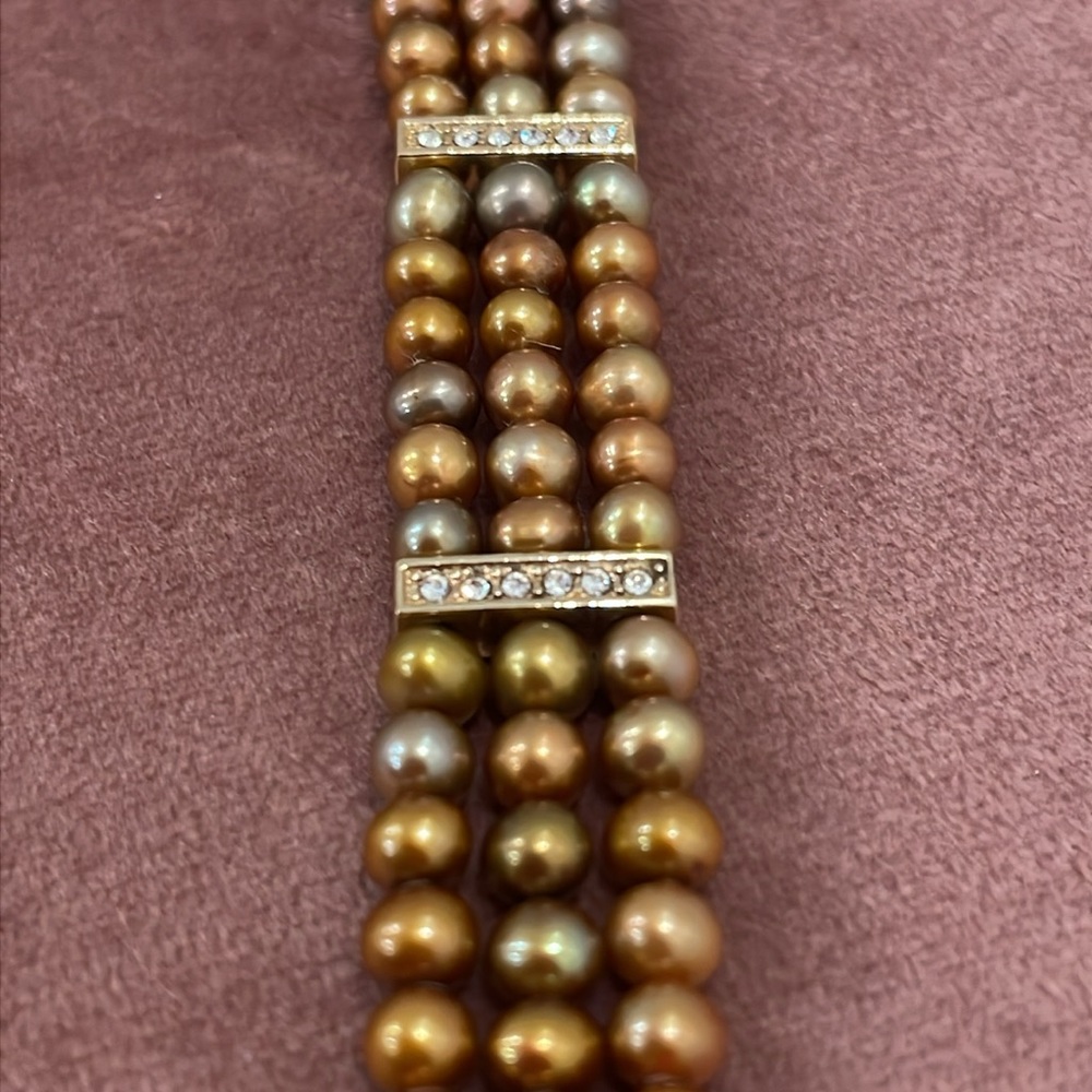Gold Tone Three Strand Bracelet with Cultured Pearls and Rhinestones - Picture 7 of 16